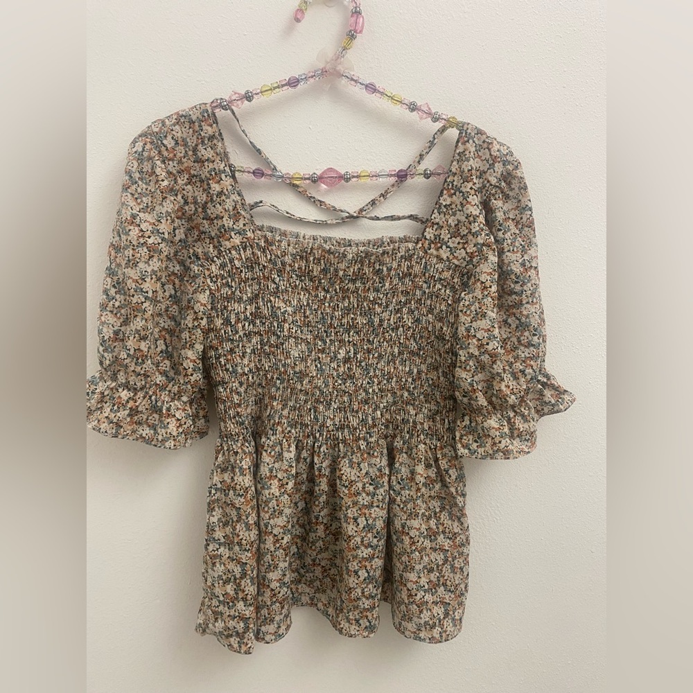 SHEIN M floral print smocked peplum top with a square neckline, puff sleeves
